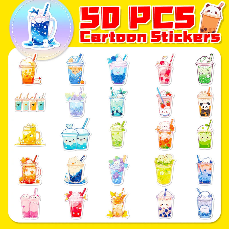 Sketched Cute Animal Boba Milk Tea Graphic Stickers