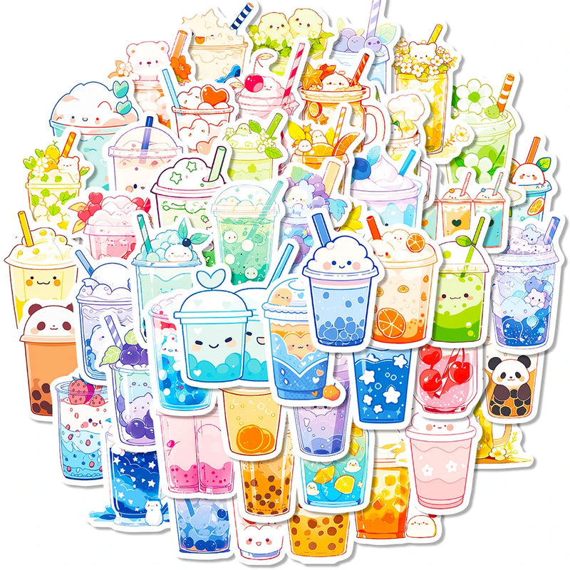 Sketched Cute Animal Boba Milk Tea Graphic Stickers