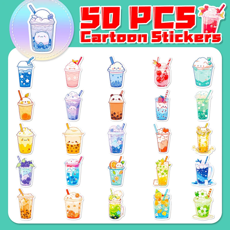 Sketched Cute Animal Boba Milk Tea Graphic Stickers