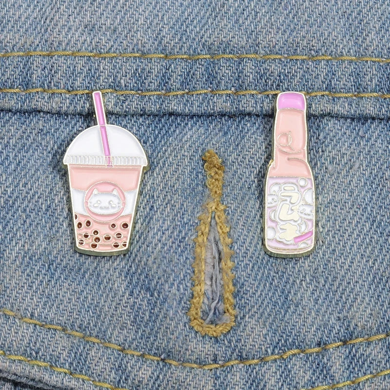 Cute Animal Bubble Tea Enamel Pins Metal Lapel Brooch