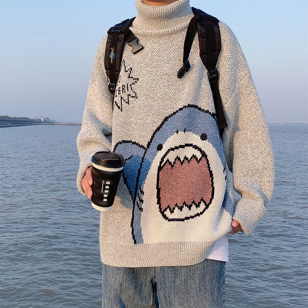 Cartoon Shark Turtleneck Harajuku Sweater