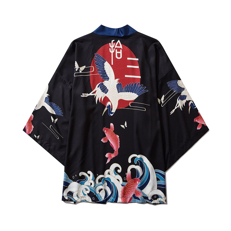 Japanese Wave Koi Print Kimono Cardigan Streetwear