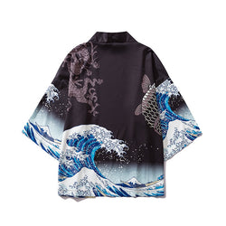 Japanese Wave Koi Print Kimono Cardigan Streetwear