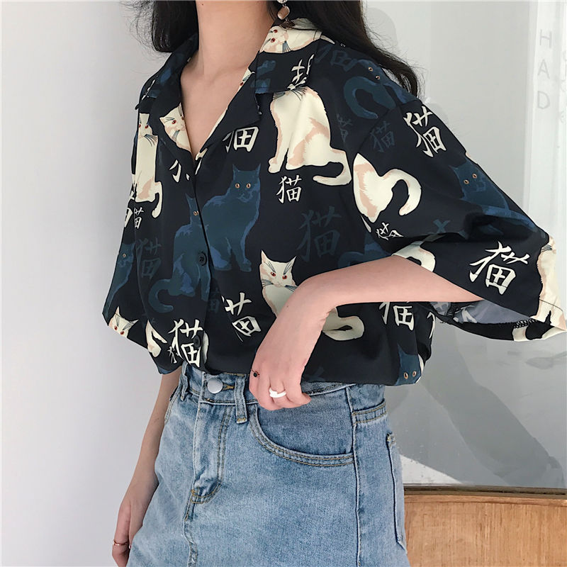 Tokyo Japan Style Cat Summer Blouse Short Sleeve Shirt