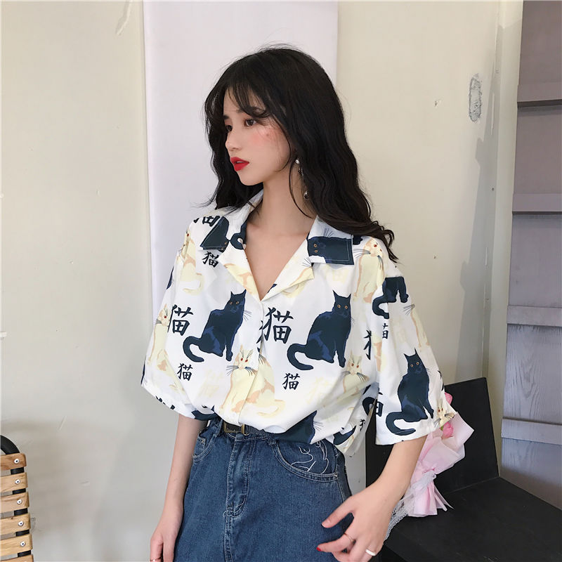 Tokyo Japan Style Cat Summer Blouse Short Sleeve Shirt