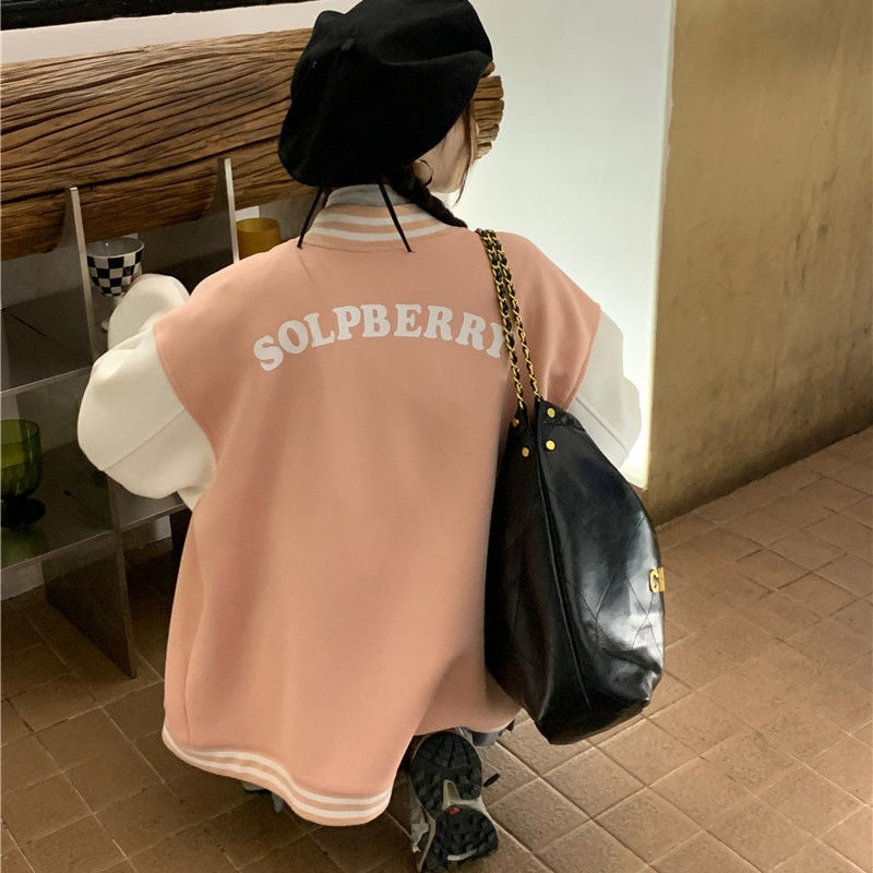 Pink Beige Varsity Baseball Korean Bomber Jacket