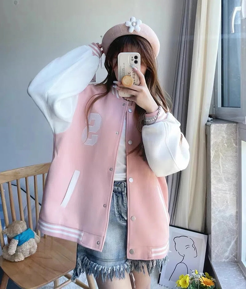 Pink Beige Varsity Baseball Korean Bomber Jacket Pink / M