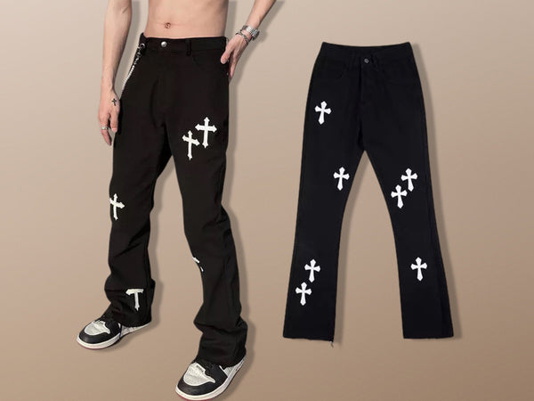 Cross Flare Embroidery Harajuku Wide Leg Hip Hop Jeans