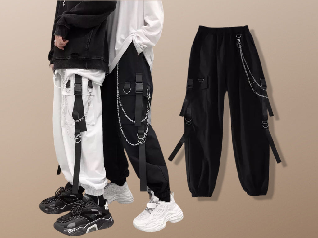 Women Men Cargo Pants Harajuku Chain Pockets Ankle Trousers High Waist Chain  Hip-hop Punk Black