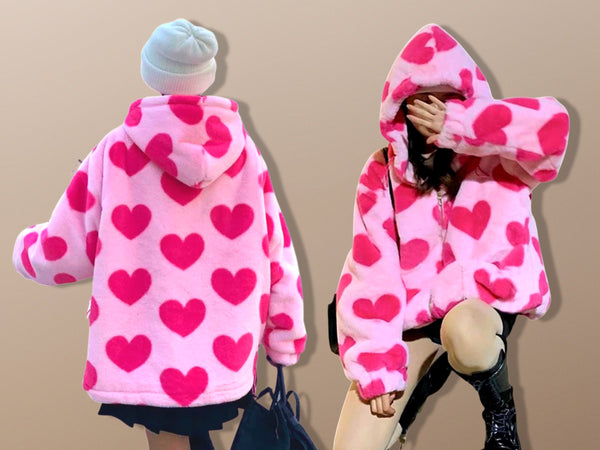 Harajuku Love Heart Fuzzy Jacket Coat
