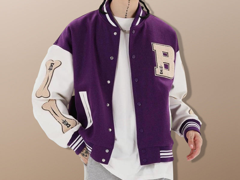 Fleece 3D Bone Letter Patchwork Streetwear Varsity Baseball Jacket