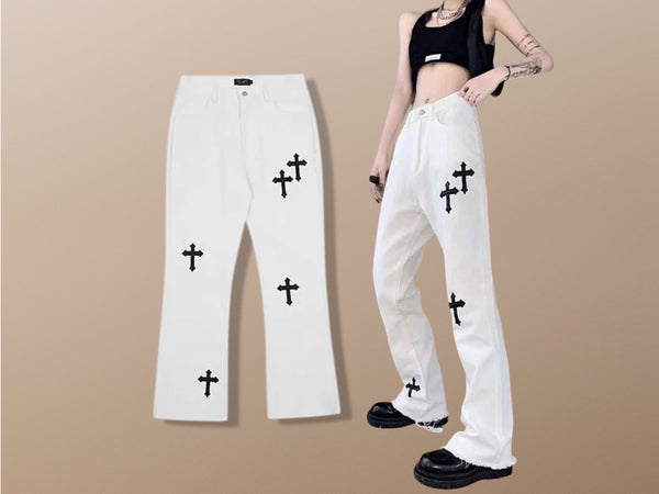 Cross Flare Embroidery Harajuku Wide Leg Hip Hop Jeans